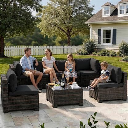 LAFWELL 7 Pieces Outdoor Patio Furniture Sets,Rattan Conversation Sectional Set,Manual Weaving Wicker Patio Sofa with Tea Table