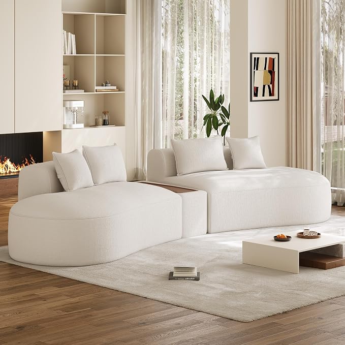 153.3" Oversized Curved Sectional Sofa, Luxury Chenille Cloud Couch for Living Room, Large Modern Modular Deep Seat Sofa with Movable Coffee Table & USB, No Assembly Needed, Beige White