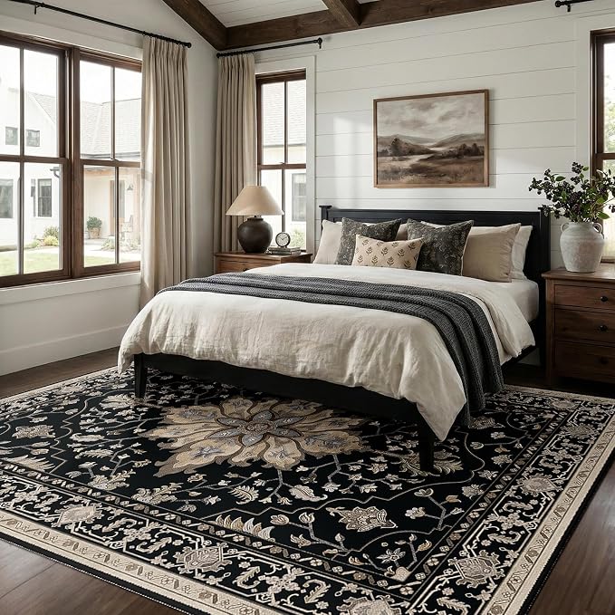 RELEANY Area Rugs 6'x8' Washable Non-Slip, Floral Vintage Distress Medallion Carpet for Living Room Bedroom Dining Room, Black Brown Neutral Dark Tan