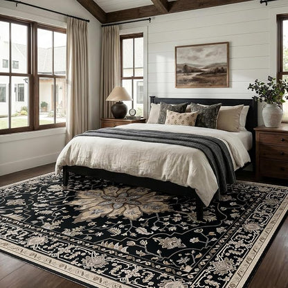 RELEANY Area Rugs 6'x8' Washable Non-Slip, Floral Vintage Distress Medallion Carpet for Living Room Bedroom Dining Room, Black Brown Neutral Dark Tan