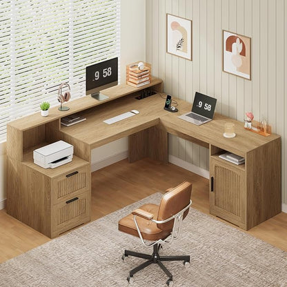 YOMILUVE 63" Farmhouse L Shaped Executive Desk with Drawers & Storage Shelf, Corner Fluted Computer Desk with Power Outlets, L Shaped Office Desk with Monitor Stand, Printer Shelf, Oak