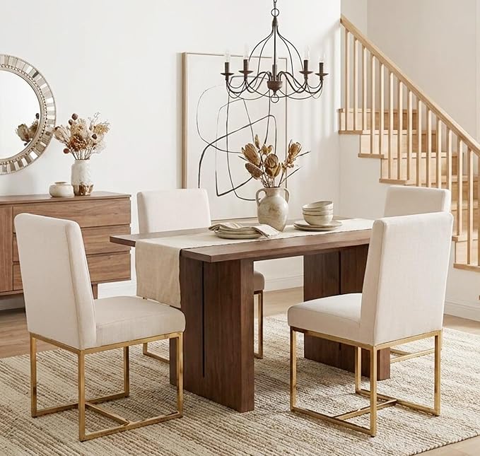 VESCASA Linen Upholstered Dining Chairs Set of 4, Mid Century Modern Padded Chair with Gold Metal Frame for Restaurant, Dining Room, Kitchen, Cream