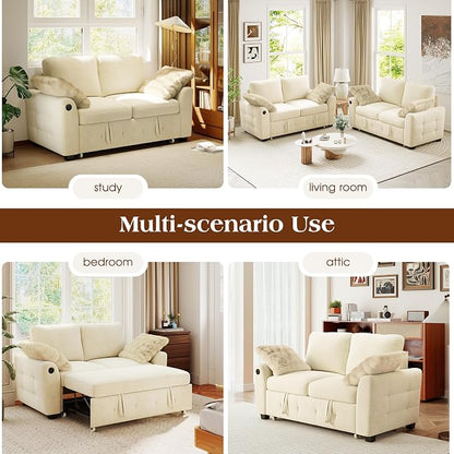 Ihanherry 59-inch Convertible Sofa Bed, Pull Out Sleeper with USB Port & Wide Armrests, 2-in-1 Chenille Fabric Loveseat with 2 Pillows, Space-Saving for Small Apartment, Living Room, Bedroom（Beige）