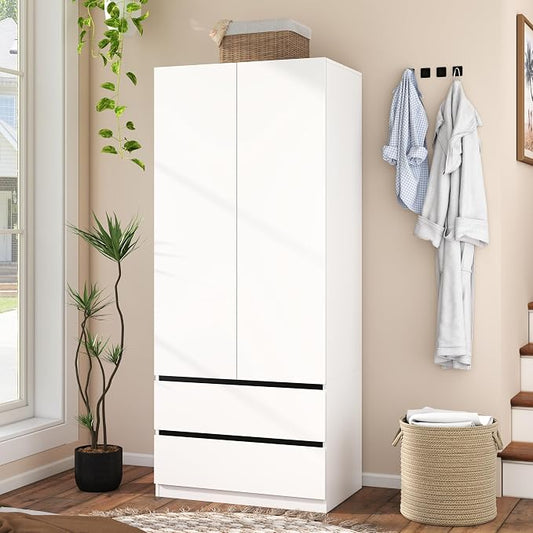 Armoire Wardrobe Closet with Drawers：75" Large White Wardrobe Closet Cabinet with 2 Doors for Hanging Clothes, Modern Wooden Bedroom Armoires with 2 Drawers and Storage (A-Style, 31.5")