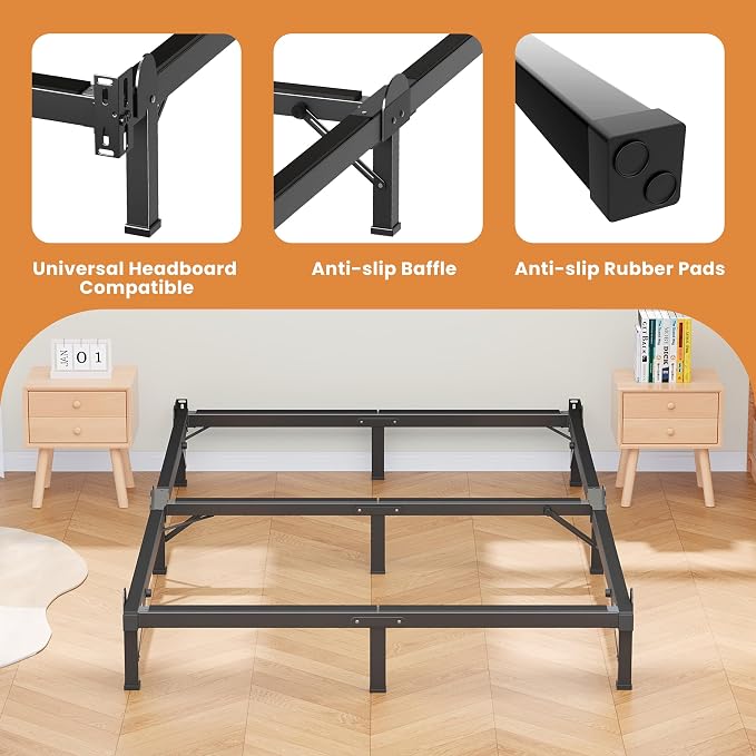 MAF Metal Bed Frame Cal King 8 Inches, 9-Legs Support Bed Base, California King Bed Frame for Box Spring and Mattress, Basics Bed Frame Headboard Attachable Tool-Free Easy Assembly, Black