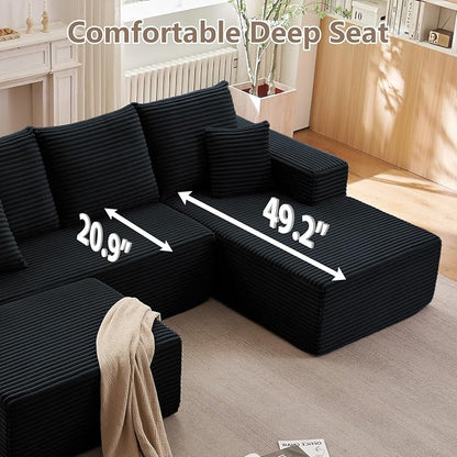107" Comfy U-Shaped Sectional Modern Boneless Corduroy Couch with Chaise - No Assembly Required! Deep-Seat, Upholstered Modular Cloud Sofa for Living Room, Plush Corduroy Fabric(Black)