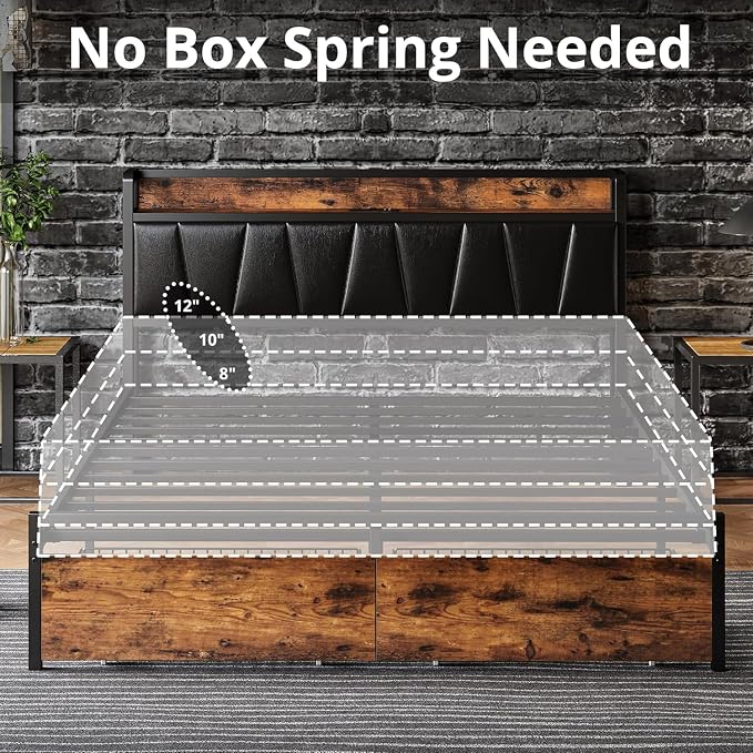 LIKIMIO Full Size Bed Frame with 2 Drawers and Charging Station | Platform Bed with Upholstered Storage Headboard, No Box Spring Needed, Easy Assembly, Sturdy, Industrial Brown and Black