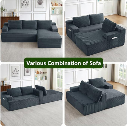 96" Modular Sectional Sofa, Modern Corduroy Cloud Couch, Boneless Couch Upholstered 3-Seater L-Shaped Sofa for Living Room, No Assembly Required (Dark Grey, Right-Facing Chaise)