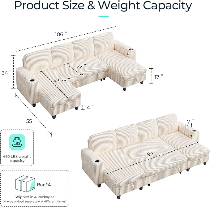 LINSY HOME Pull Out Sofa Bed Sectional Sleeper Sofa with Storage, Plush Corduroy Pullout Modular Sectional Couches for Living Room, U Shaped Convertible Couch Bed for Apartment (Beige)