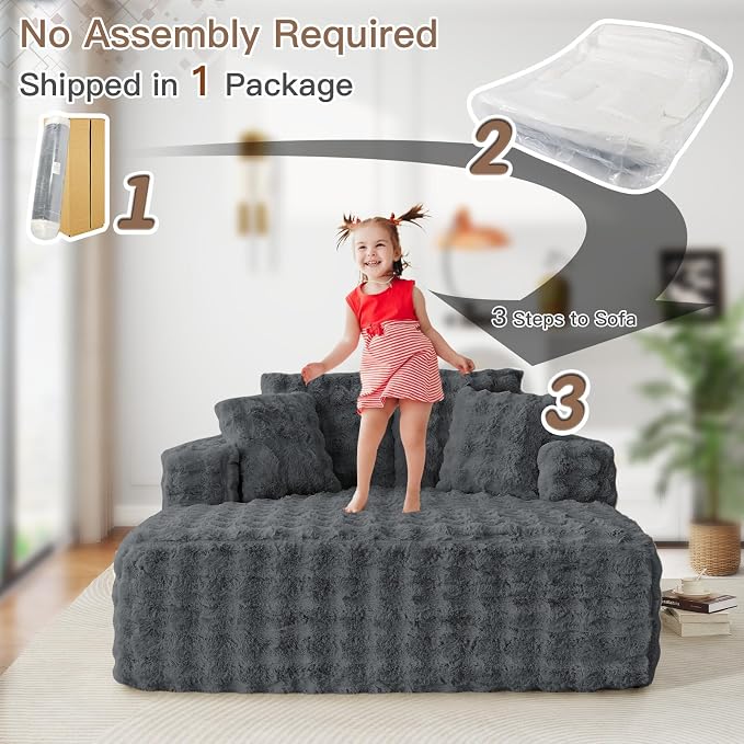 JEEOHEY 56" W Oversized Chaise Lounge Chair Indoor,Plush Faux Fur Sleeper Couch Sofa Bed with Pillows,Fluffy Comfy Cloud Sofa,Compression Foam Boneless Couch for Living Room,Bedroom(Bubble, Grey)