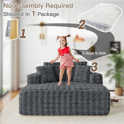 JEEOHEY 56" W Oversized Chaise Lounge Chair Indoor,Plush Faux Fur Sleeper Couch Sofa Bed with Pillows,Fluffy Comfy Cloud Sofa,Compression Foam Boneless Couch for Living Room,Bedroom(Bubble, Grey)