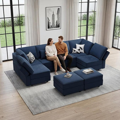 Vesgantti Sectional Sleeper Sofas with Storage, 118" Sofa Bed with 8 Seats Storage Chaises Removable Cover, Deep Seat Modular Couches Velvet Couch Set for Living Room, Apartment, Home Theater, Blue
