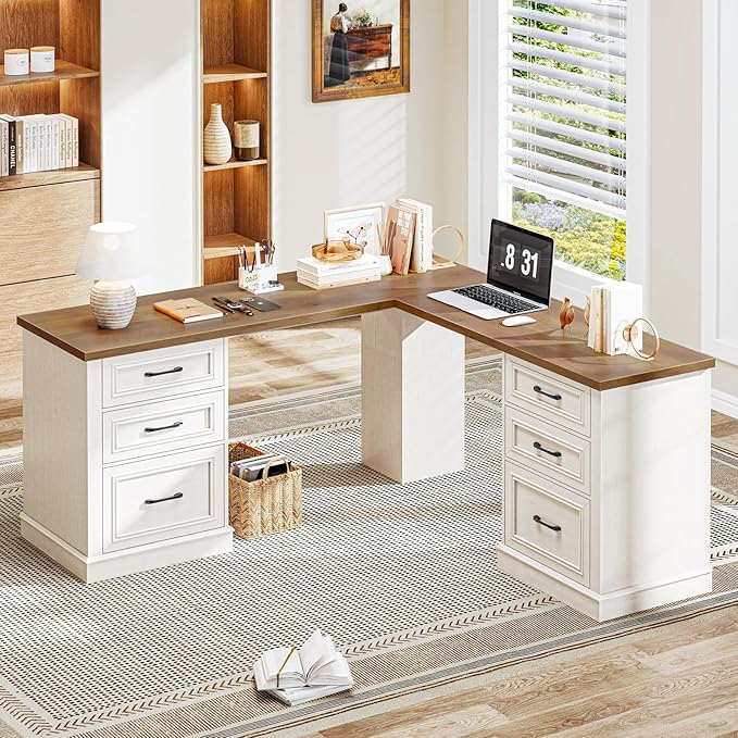 Vabches Farmhouse 59" L-Shaped Executive Desk with File Drawers, Wood Corner Sturdy Writing Workstation with Storage Drawers, Rustic Computer Writing Desk for Home Office & Study. Unique White
