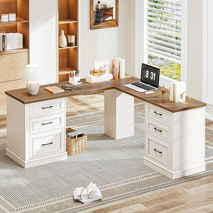 Vabches Farmhouse 59" L-Shaped Executive Desk with File Drawers, Wood Corner Sturdy Writing Workstation with Storage Drawers, Rustic Computer Writing Desk for Home Office & Study. Unique White