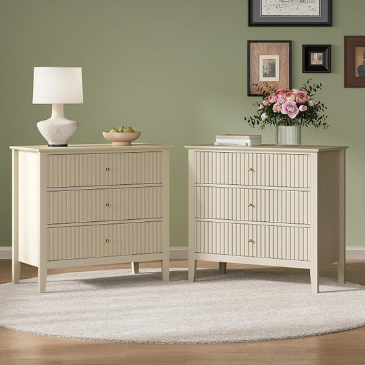 RoyalCraft 32" Large Nightstand Set of 2, Fluted Painted Bedside Table with 3 Spacious Drawers, Modern Tall End Table for Bedroom, Beige