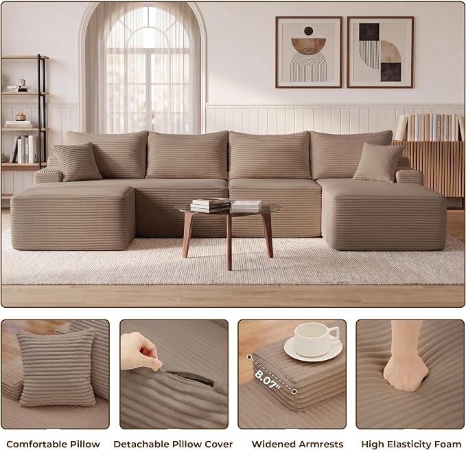 Mangodan 118'' Cloud Sectional Couch, U Shaped Boneless Couches for Living Room, Modular Sectional Sofa with Deep Seat Right Facing Chaise, Comfy Cloud Couch Sofa, Camel