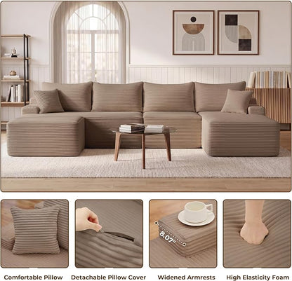 Mangodan 118'' Cloud Sectional Couch, U Shaped Boneless Couches for Living Room, Modular Sectional Sofa with Deep Seat Right Facing Chaise, Comfy Cloud Couch Sofa, Camel