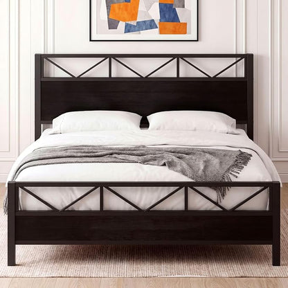 LIKIMIO King Bed Frame, Tall Industrial Headboard 51.2 ", Platform Bed Frame with Strong Metal Support, Solid and Stable, Noise Free, No Box Spring Needed, Easy Assembly, Black