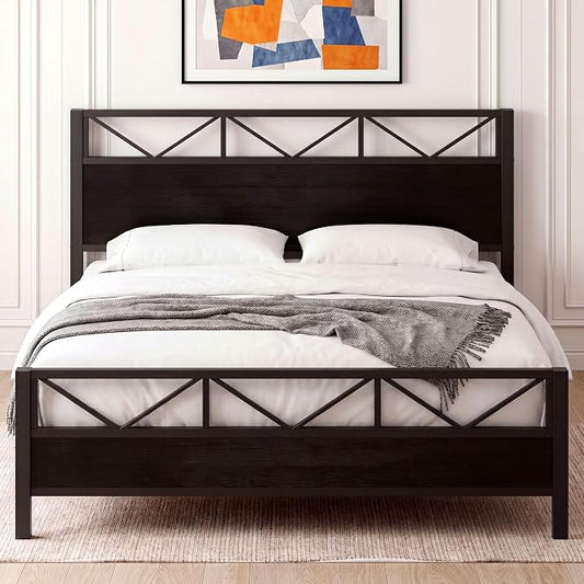 LIKIMIO King Bed Frame, Tall Industrial Headboard 51.2 ", Platform Bed Frame with Strong Metal Support, Solid and Stable, Noise Free, No Box Spring Needed, Easy Assembly, Black