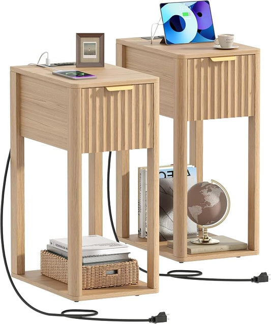 Akxomel Narrow Fluted Nightstands Set of 2, Wooden Slim Bedside Table with Charging Station, Mid-Century Modern Night Stand with Drawer and Open Shelf, Small Side End Table, for Bedroom, Natural Oak