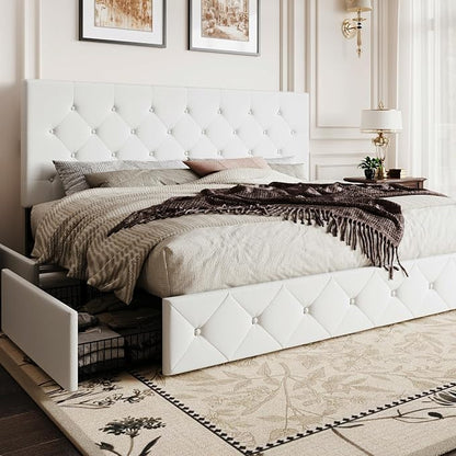 SHA CERLIN King Size Platform Bed Frame with 4 Oversized Storage Drawers, Adjustable Headboard with Velvet Upholstery, Diamond Button Tufted Design, Wooden Slat Support, No Box Spring Needed, White