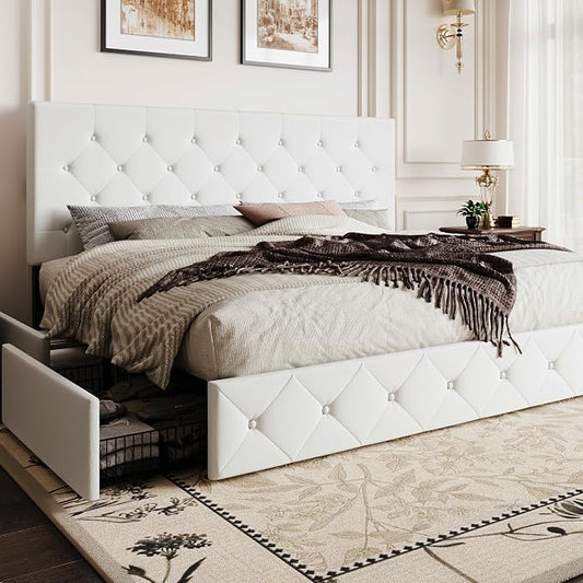 SHA CERLIN King Size Platform Bed Frame with 4 Oversized Storage Drawers, Adjustable Headboard with Velvet Upholstery, Diamond Button Tufted Design, Wooden Slat Support, No Box Spring Needed, White