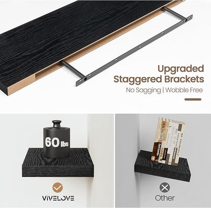 Vivelove 48 Inch Floating Shelves, Deep Wall Shelves with Invisible Brackets, Display Shlf for Bathroom Living Room Kitchen Bedroom Office Farmhouse Home Decor, 48" X 9.3" X 1.5" - Set of 2, Black