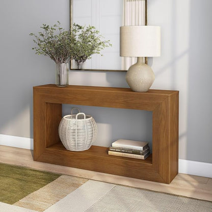 Plank+Beam Grande 56” Console Table with Bottom Shelf, Solid Pine Wood Entryway & Sofa Table, Pecan Wirebrush Finish