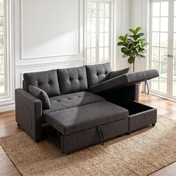 Convertible Sofa Bed, L Shape Sleeper Sofa with Reversible Storage Chaise, Tufted Fabric Sectional Sleeper Sofa with Pull Out Bed for Small Space, Living Room, Apartment, Charcoal Black