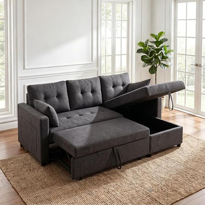 Convertible Sofa Bed, L Shape Sleeper Sofa with Reversible Storage Chaise, Tufted Fabric Sectional Sleeper Sofa with Pull Out Bed for Small Space, Living Room, Apartment, Charcoal Black