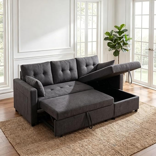 Convertible Sofa Bed, L Shape Sleeper Sofa with Reversible Storage Chaise, Tufted Fabric Sectional Sleeper Sofa with Pull Out Bed for Small Space, Living Room, Apartment, Charcoal Black