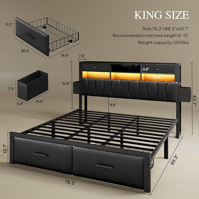 YITAHOME King Size with 2 Storage Drawers and Charging Station, Upholstered Bed with Storage Headboard and LED Light, Heavy Duty Metal Frame Support, No Box Spring Needed, Noise Free, PU Leather Black