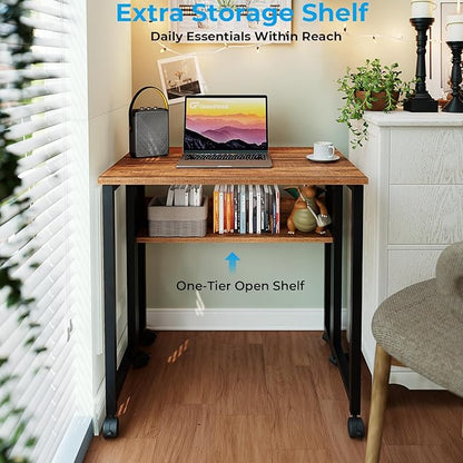 GreenForest Folding Desk with Wheels, 31.5 Inch Compact Rolling Computer Table with Storage Shelf, Portable Mobile Workstation for Small Spaces, Easy Assembly, Walnut