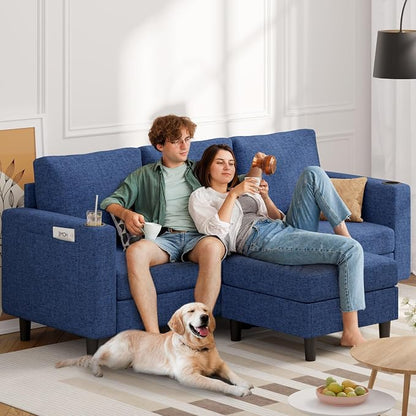 Luxanimarion Upholstered Sectional Sofa and Couches, 78'' L Shaped 3-seat Sofa forLiving Room, Apartment, Lounge,Bedroom-Washable Covers Convertible Sofas(Linen Fabric,Blue)