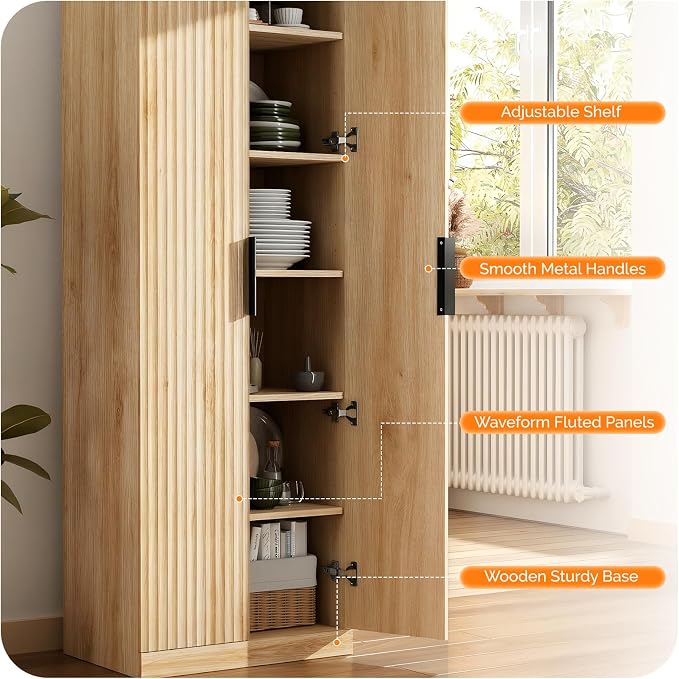 VINGLI 70" Modern Pantry Cabinet with Fluted Doors, 5 Adjustable Shelves, Tall Storage Solution for Kitchen, Dining Room, or Living Room, Oak