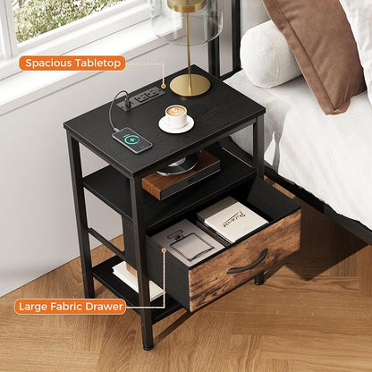 DUMOS Bedside Table with Charging Station and Adjustable Fabric Drawer Compact Nightstand 3-Tier Storage Organizer End Table for Bedroom,Black and Brown