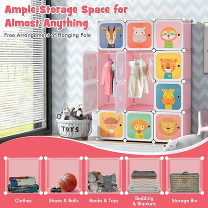 HONEY JOY Kids Wardrobe Closet, Baby Cartoon Clothes Storage Organizer, 12 Cubes & 2 Hanging Sections, Portable Children DIY Modular Bedroom Armoire Dresser Cabinet for Boys Girls (Pink)