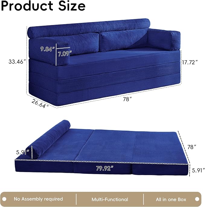 5-in-1 Convertible Sofa Bed, 78" Boneless Couch Tri Folding Mattress with Removable L-Shaped Armrests, Corduroy Futon Couch Sleeper with Pull Out Bed for Living Room Bedroom Apartment, Blue