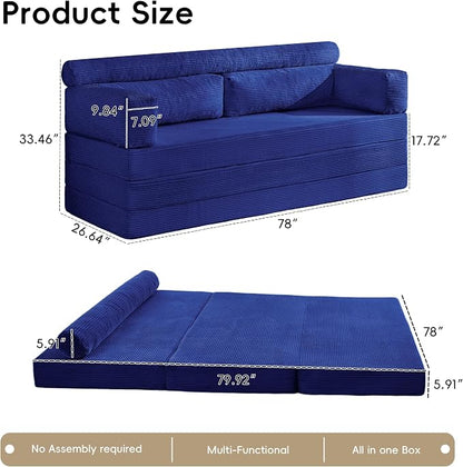 5-in-1 Convertible Sofa Bed, 78" Boneless Couch Tri Folding Mattress with Removable L-Shaped Armrests, Corduroy Futon Couch Sleeper with Pull Out Bed for Living Room Bedroom Apartment, Blue