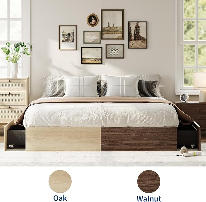 Garvee King Bed Frame with 2 Storage Drawers, Wood Platform Floor Bed Frame Without Headboard, Wood Slat Support, No Box Spring Needed, Easy Assembly