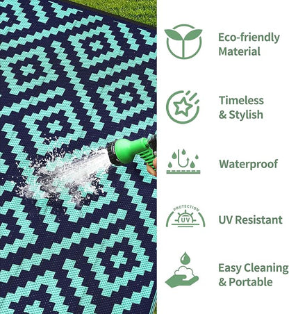 GENIMO Outdoor Rug for Patio Clearance, 6'x9' Waterproof Camping Mat, Reversible Plastic Straw Rugs for RV, Camper, Balcony, Backyard, Picnic, Deck (Navy Blue & Jade Green)