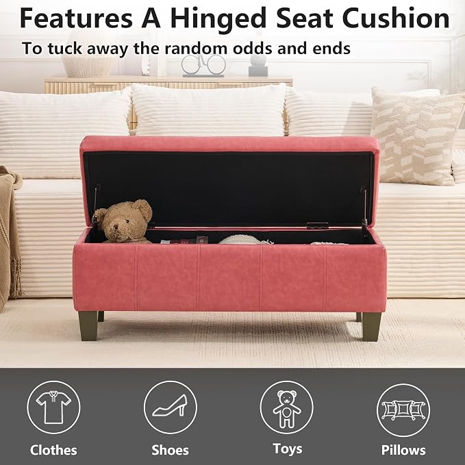 41" Storage Ottoman, Storage Bench with Safety Hinge, Upholstered Synthetic Leather Ottoman Bench for Bedroom, Living Room, Entryway, Hallway, Foot Rest, Support 500lbs