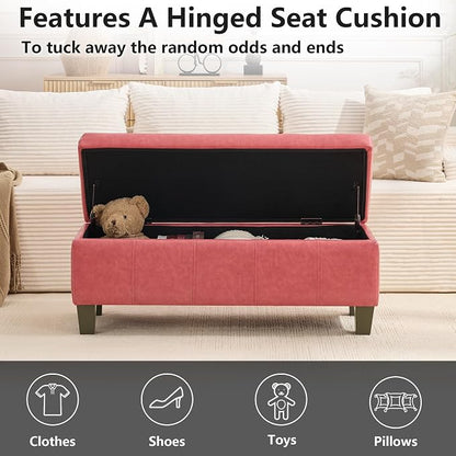 41" Storage Ottoman, Storage Bench with Safety Hinge, Upholstered Synthetic Leather Ottoman Bench for Bedroom, Living Room, Entryway, Hallway, Foot Rest, Support 500lbs