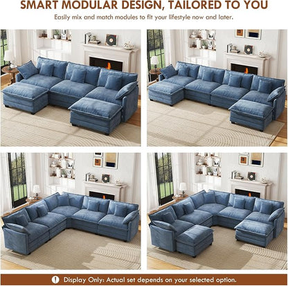 WorthFurni 114” Oversized Modular Sectional Sofa, 5-Seater V Shaped Cloud Couch Set, Comfy Chenille Deep Seat Sofa with 5 Throw Pillows, DIY Combination for Living Room (Blue)