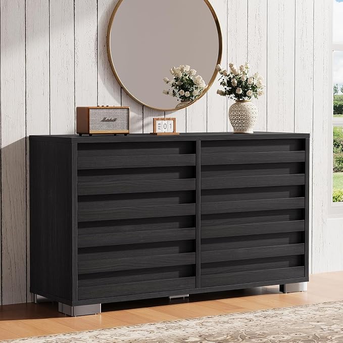 LUXOAK 2 Pcs Bedroom Furniture Sets - Includes 1 X Farmhouse 6 Drawers Dresser, 1X Farmhouse Full Size Bed Frame with 49" Tall Headboard, Wooden Platform Bed with Hidden Metal Bed Frame, Black