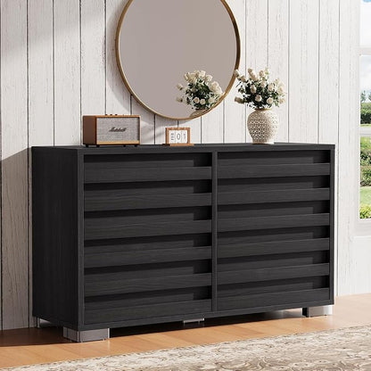 LUXOAK 2 Pcs Bedroom Furniture Sets - Includes 1 X Farmhouse 6 Drawers Dresser, 1X Farmhouse Full Size Bed Frame with 49" Tall Headboard, Wooden Platform Bed with Hidden Metal Bed Frame, Black