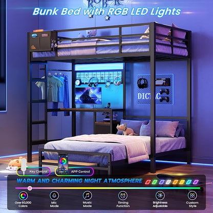 DICTAC Bunk Bed Twin Over Twin with Desk,Led Lights and Charging Station twin Bunk Beds with Storage Drawers and Shelves,Metal L-Shaped for kids with Safety Guardrail&Ladder,No Box Spring Needed,Black