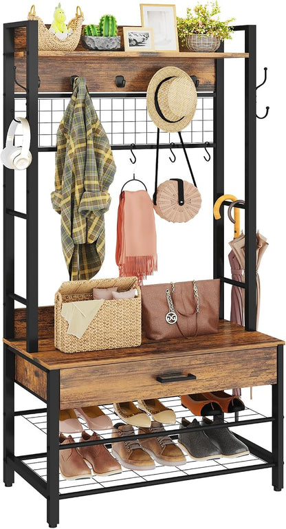 Recaceik Hall Tree with Bench and Shoe Storage, Entryway Coat Rack with Shoe Bench, Industrial Hall Tree with Drawers and 12 Hooks for Bedroom, Living Room