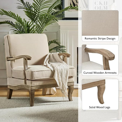 HULALA HOME Mid-Century Modern Accent Chair, Upholstered Lounge Arm Chair with Solid Wood Legs and Armrest, Removable Cushion Comfy Retro Reading Armchair for Living Room, Bedroom, Balcony, Linen