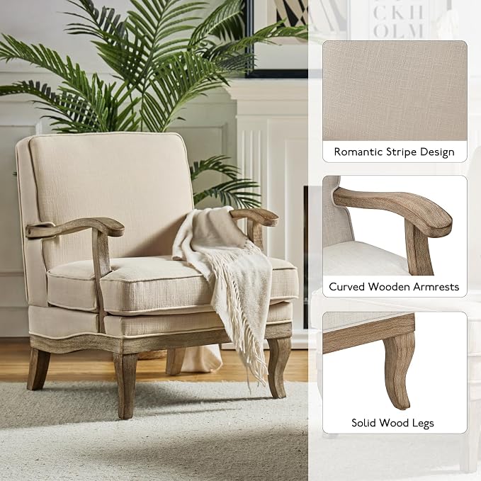 HULALA HOME Mid-Century Modern Accent Chairs Set of 2, Upholstered Lounge Arm Chair with Solid Wood Legs and Armrest, Removable Cushion Comfy Reading Armchair for Living Room, Bedroom, Balcony, Linen
